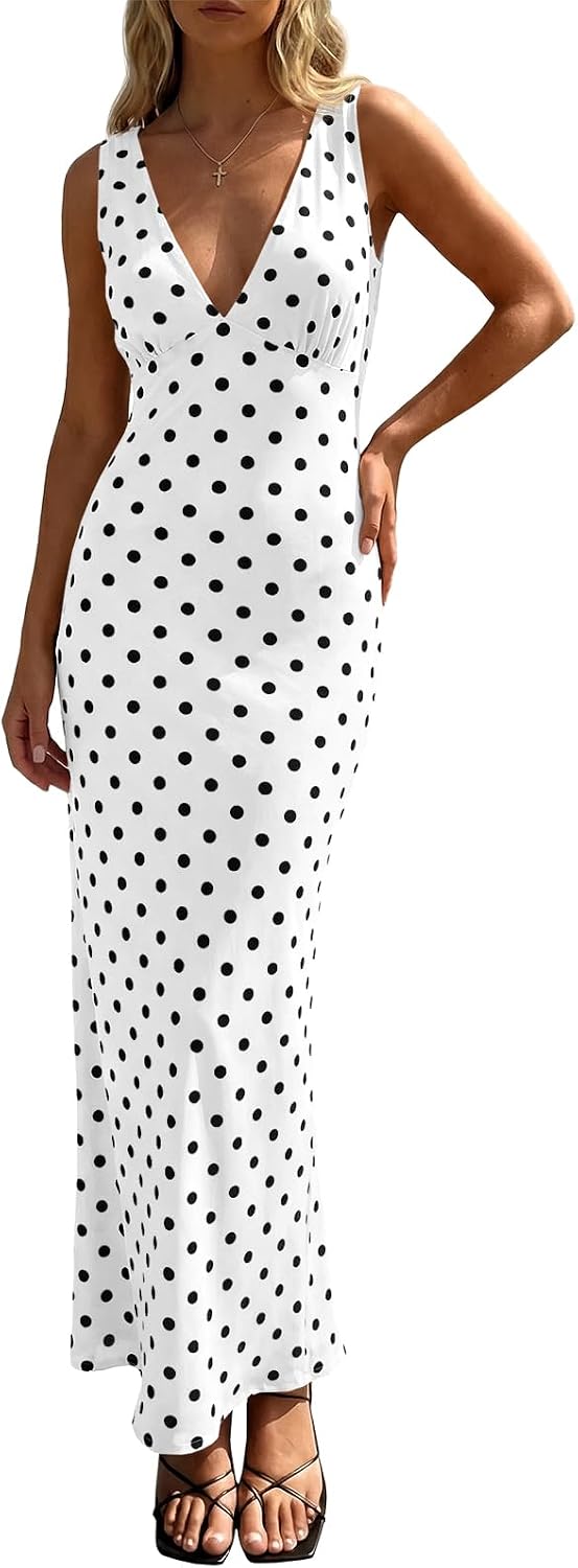 Wenrine Womens Summer Polka Dot Maxi Dress Mesh V Neck Wedding Guest Dress