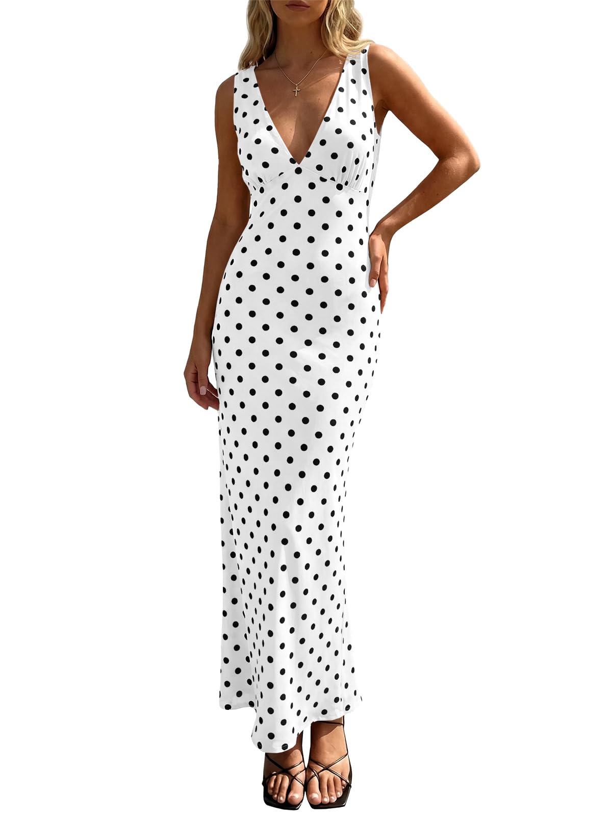 Wenrine Womens Summer Polka Dot Maxi Dress Mesh V Neck Wedding Guest Dress