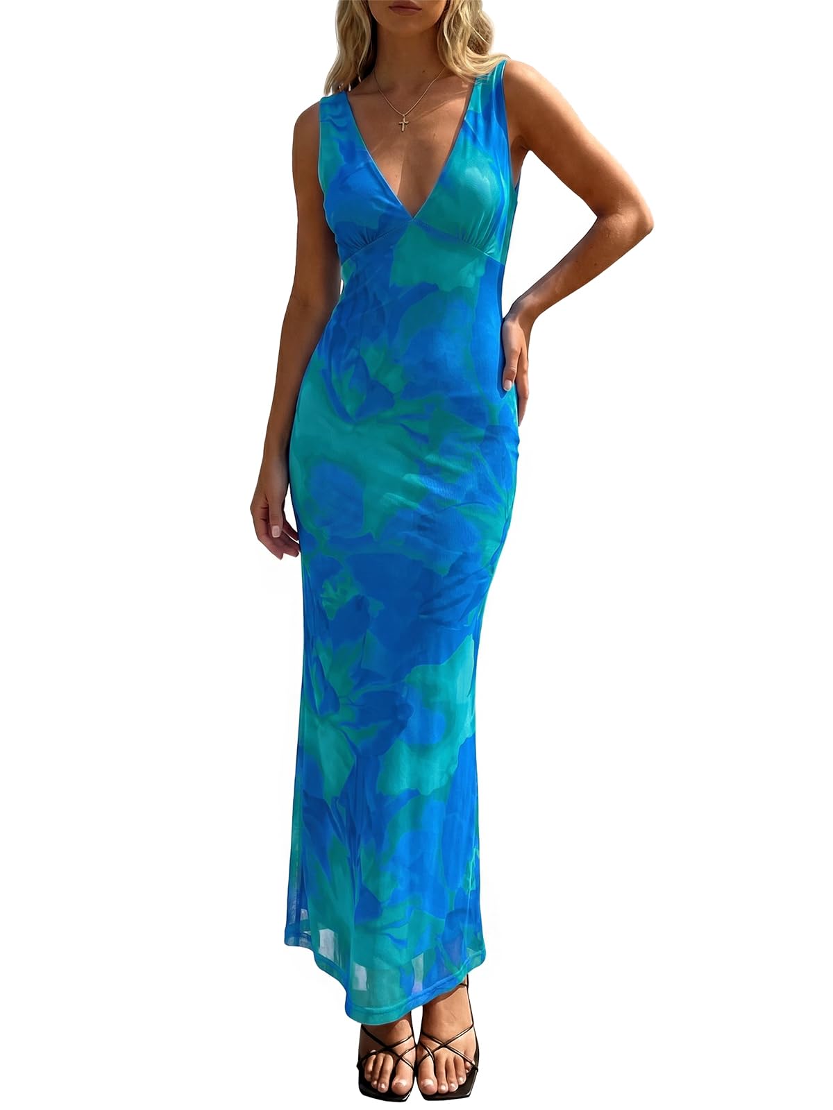 Wenrine Womens Summer Polka Dot Maxi Dress Mesh V Neck Wedding Guest Dress