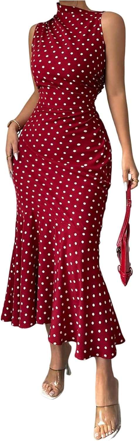 Floerns Women's Polka Dots Long Dress Sleeveless Fishtail Bodycon Wedding Guest Dresses