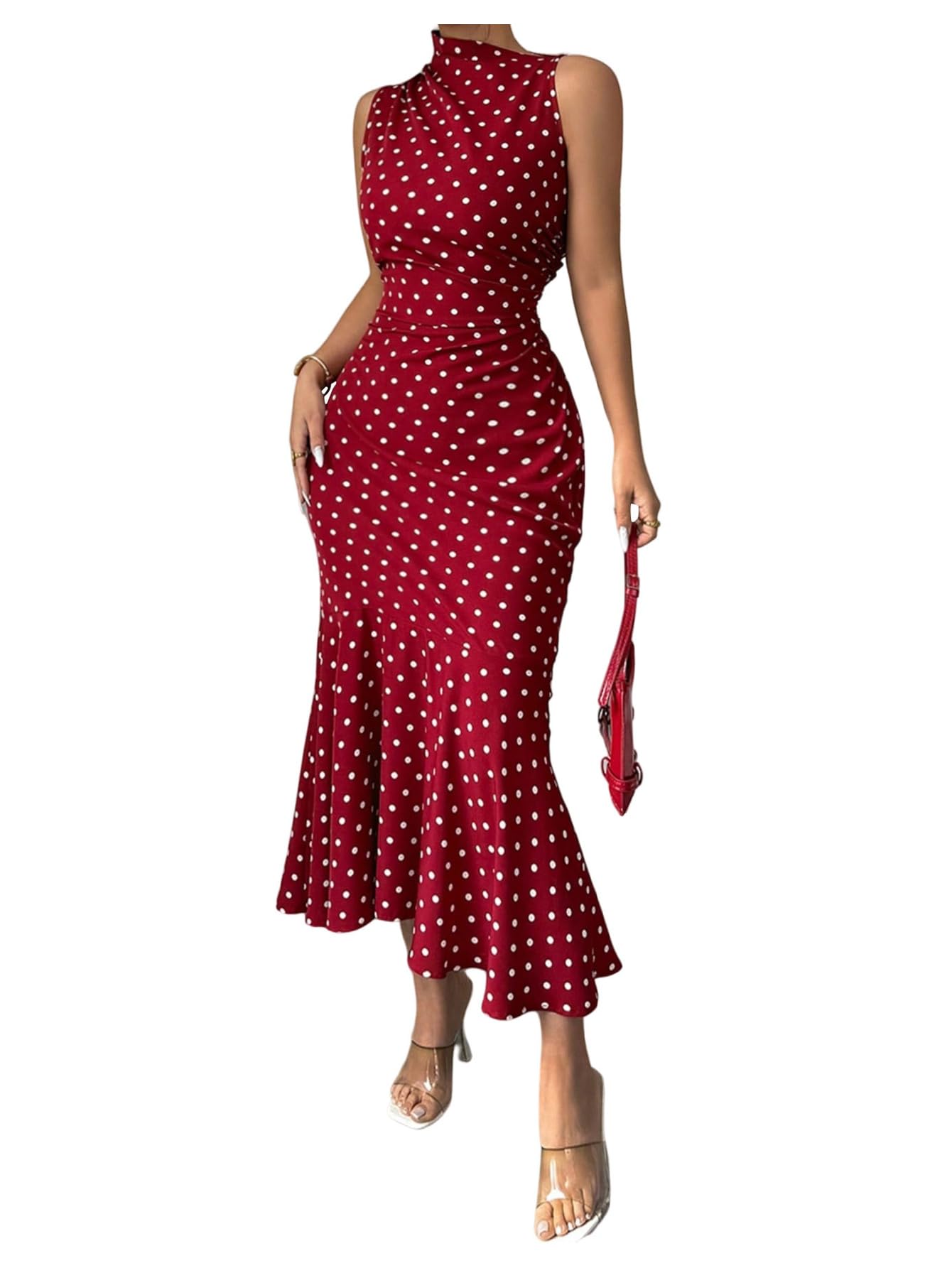 Floerns Women's Polka Dots Long Dress Sleeveless Fishtail Bodycon Wedding Guest Dresses