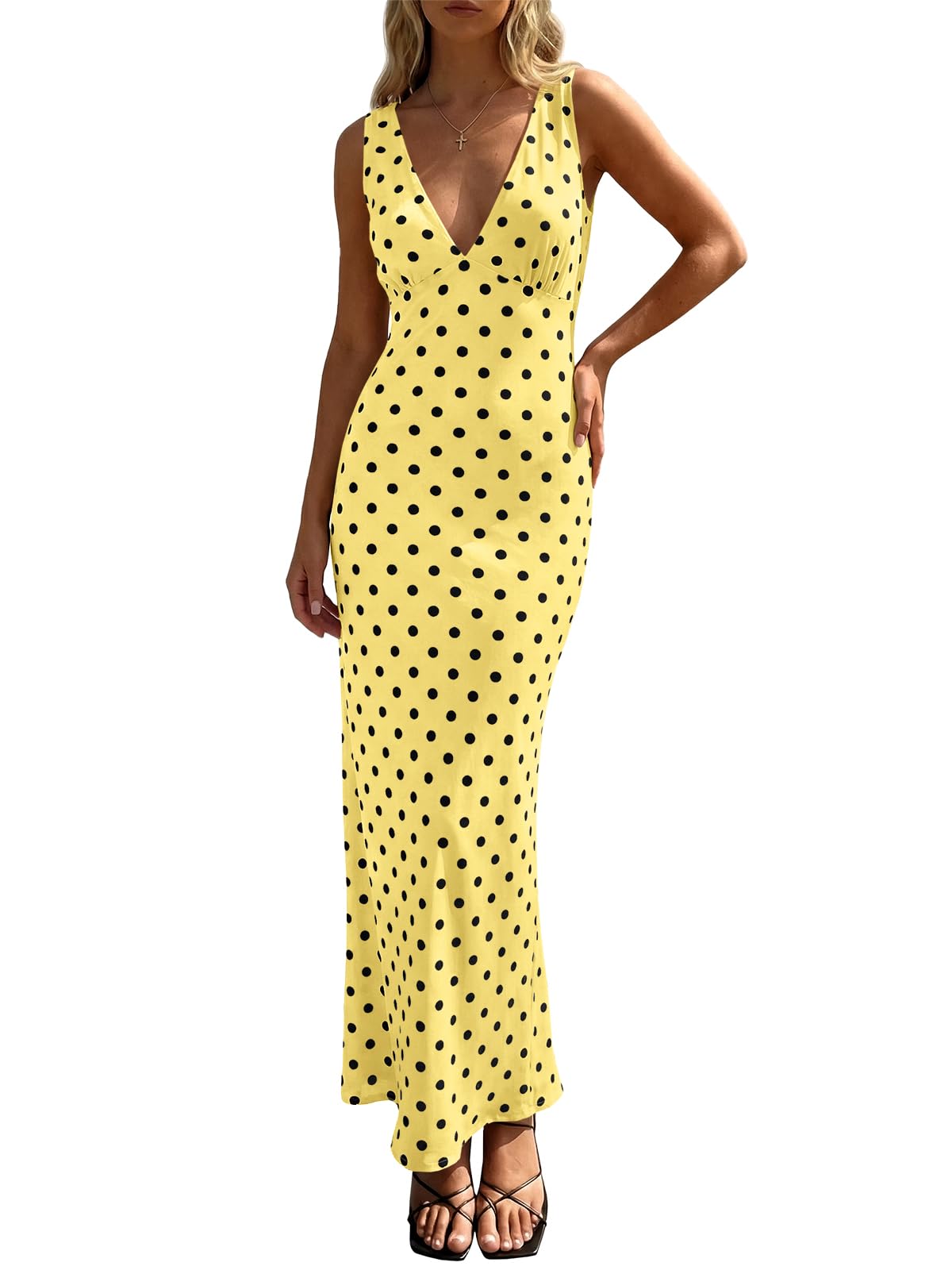 Wenrine Womens Summer Polka Dot Maxi Dress Mesh V Neck Wedding Guest Dress