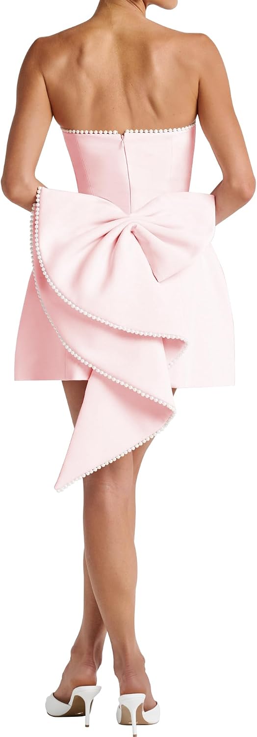 Women's Summer Sexy Strapless A-Line Sleeveless Mini Dress Off The Shoulder Backless Cute Pearl Bow Dress