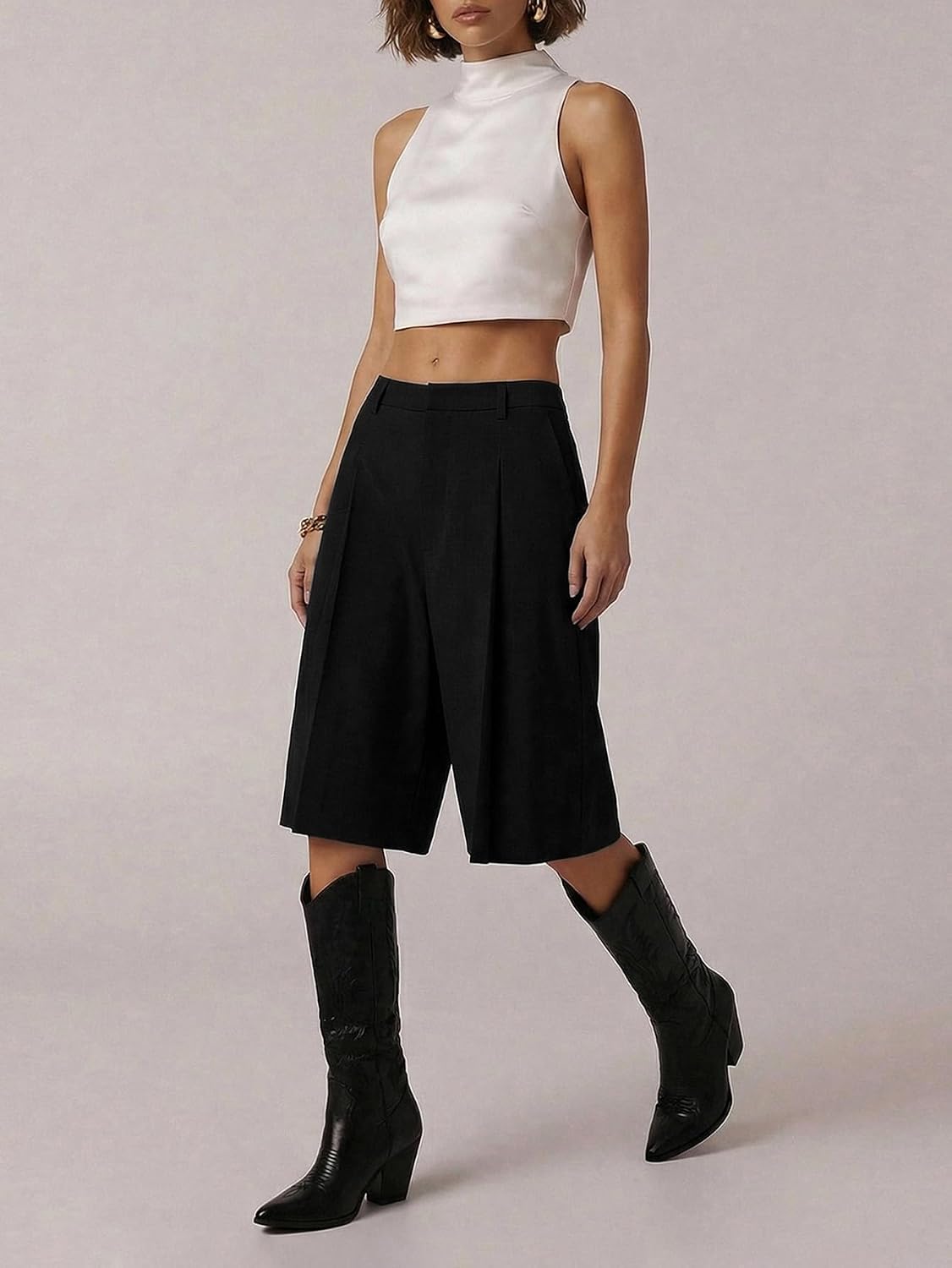 Milumia Women's Dressy Casual Wide Leg Bermuda Shorts Pleated Dress Shorts