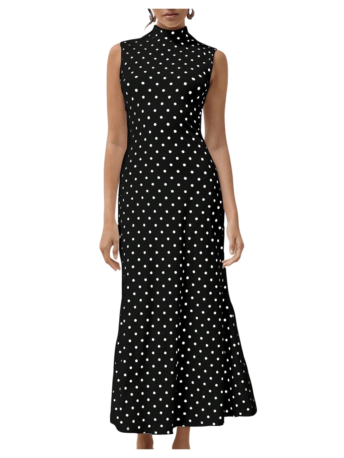 Milumia Women's Polka Dots Maxi Tank Dress Vintage Mock Neck Long Dresses