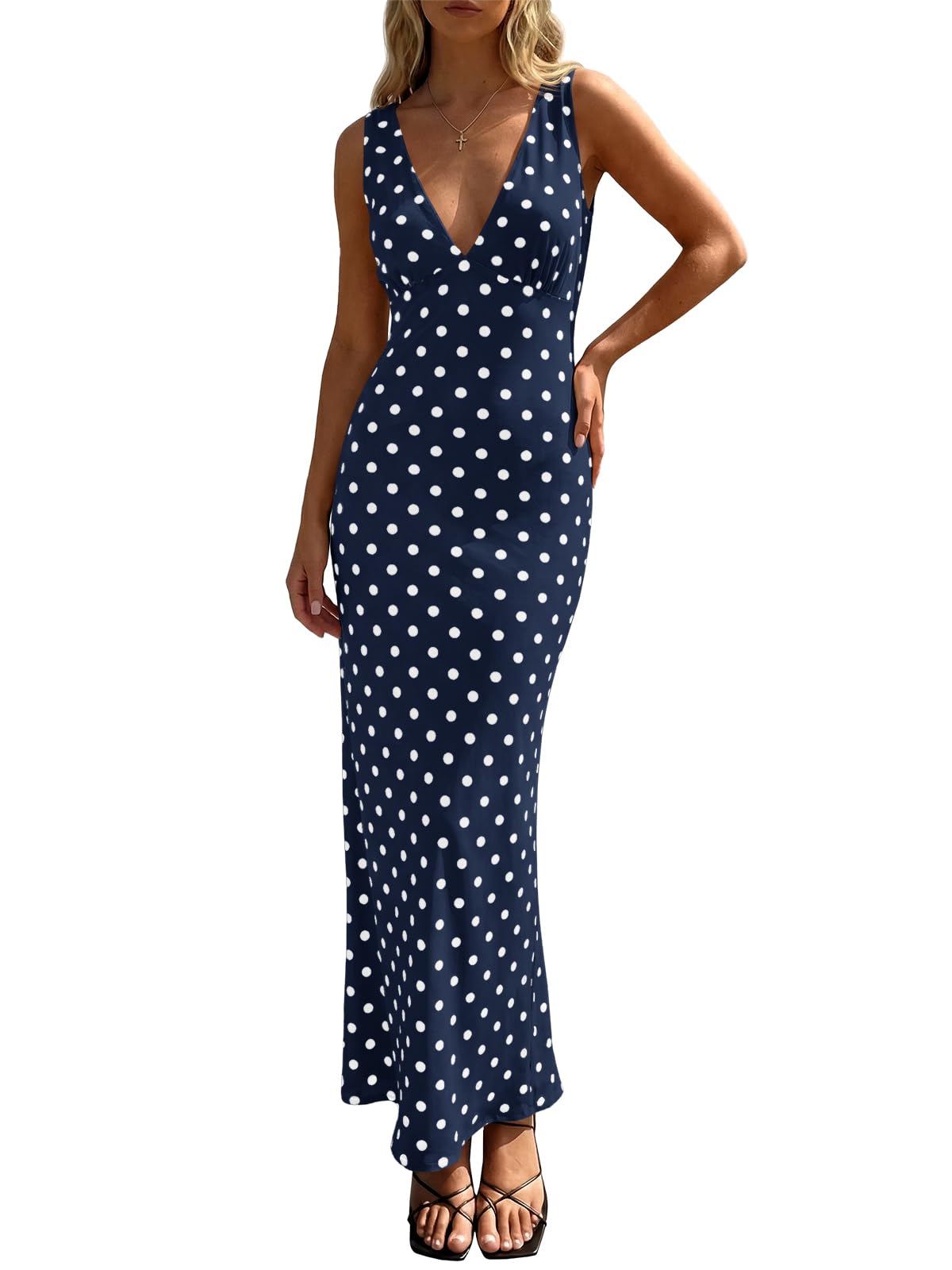 Wenrine Womens Summer Polka Dot Maxi Dress Mesh V Neck Wedding Guest Dress