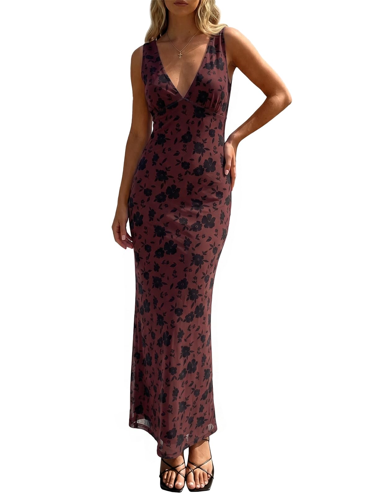 Wenrine Womens Summer Polka Dot Maxi Dress Mesh V Neck Wedding Guest Dress