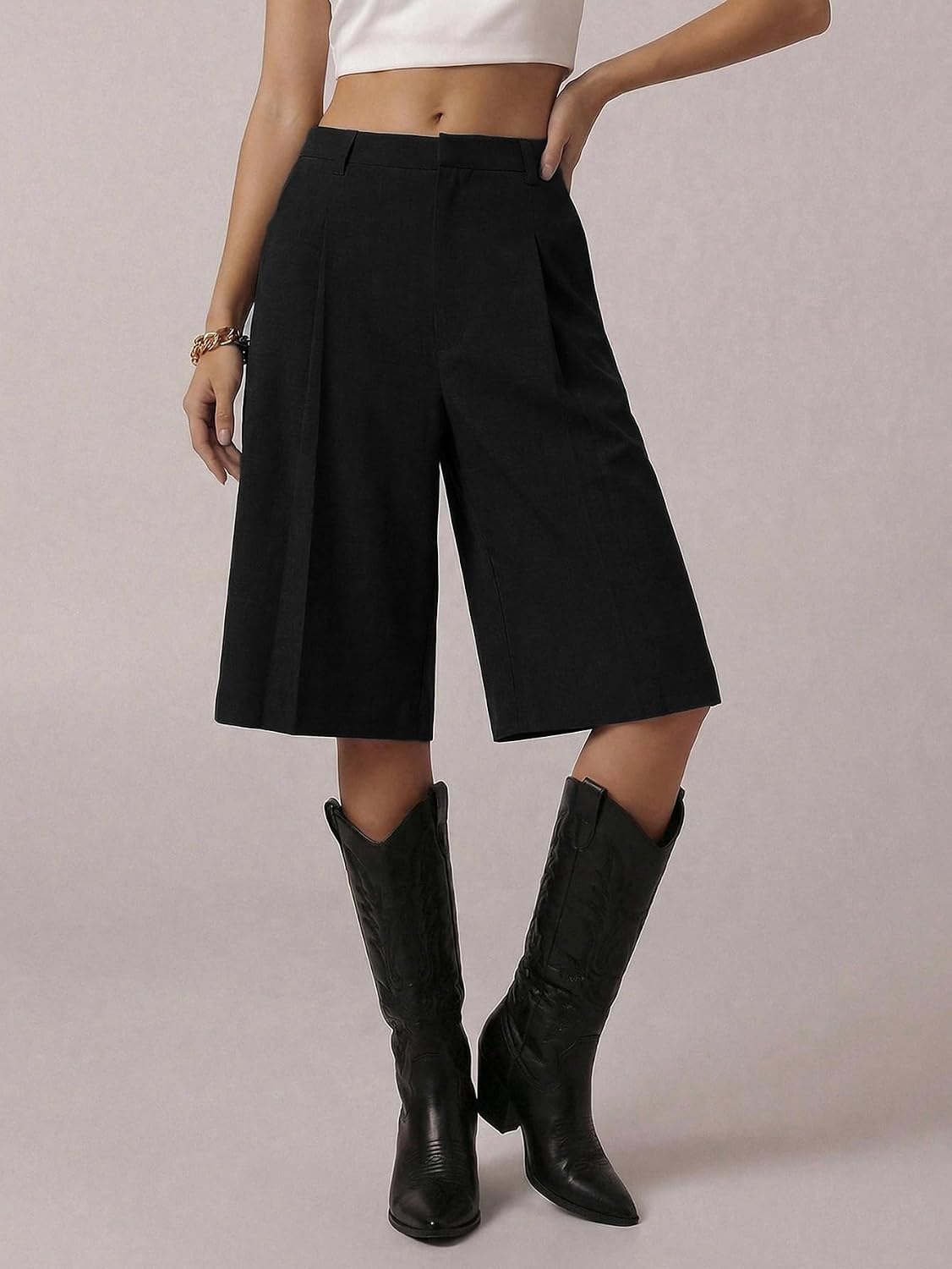 Milumia Women's Dressy Casual Wide Leg Bermuda Shorts Pleated Dress Shorts