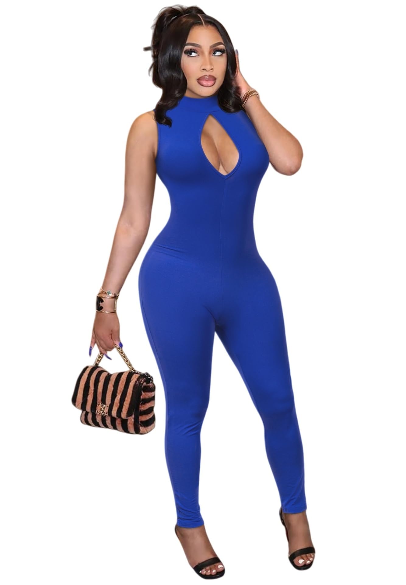 Hafailia Women's Cut out Bodycon Jumpsuit Sleeveless Mock Neck Catsuit
