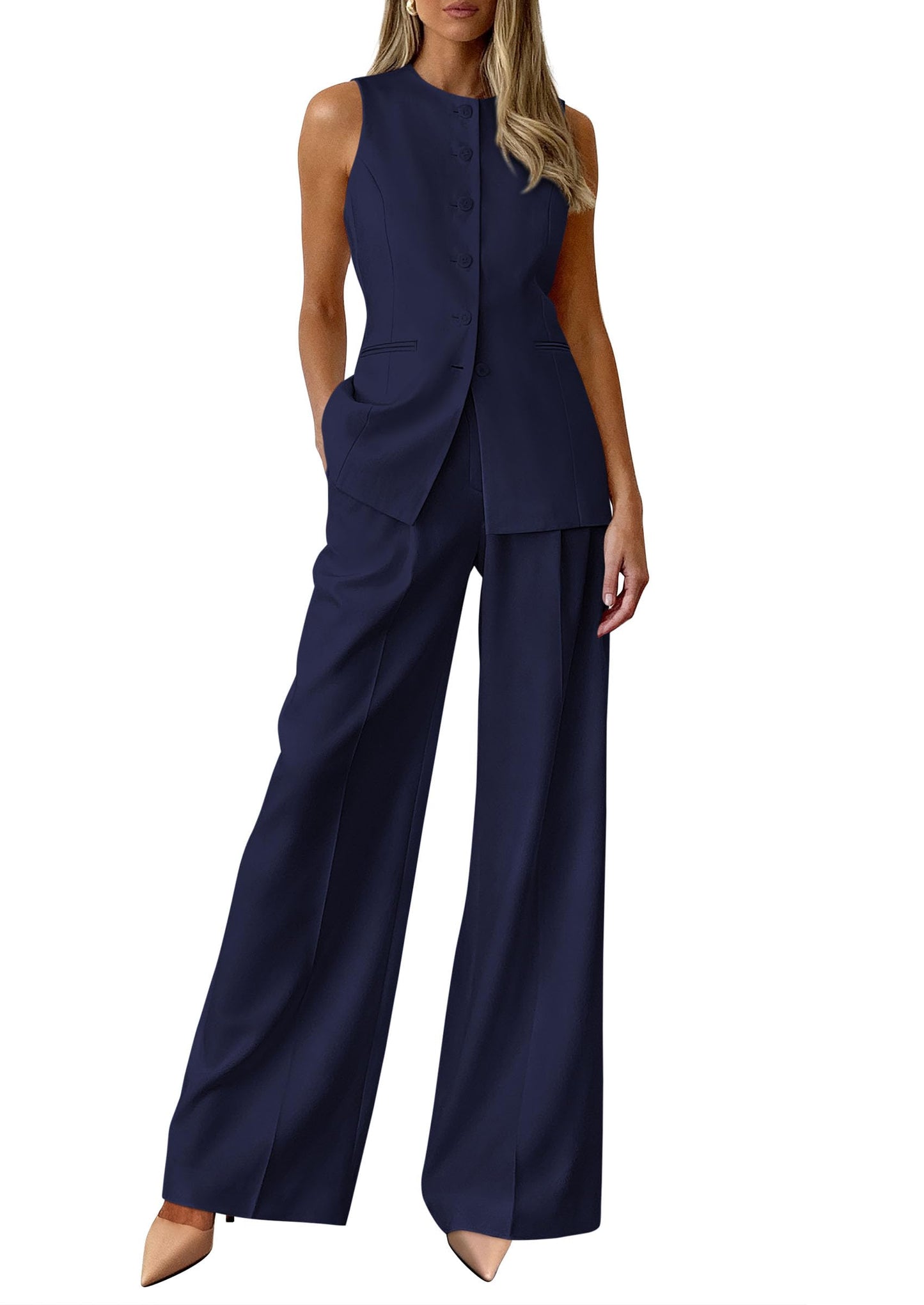 PRETTYGARDEN Women's 2 Piece Sets Business Casual Outfits | Sleeveless Vest Tops, Wide Leg Pants, Pantsuits with Pockets, Button-Front, Work Office Wear, Matching Sets Women Clothing