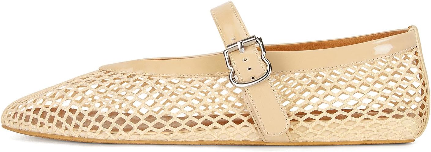MICIFA Women's Mesh Ballet Flats Fishnet Ballerina Flats Buckle Strap Mary Jane Causal Daily Dress Shoes