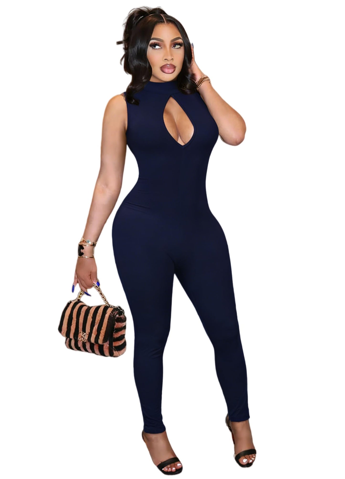Hafailia Women's Cut out Bodycon Jumpsuit Sleeveless Mock Neck Catsuit