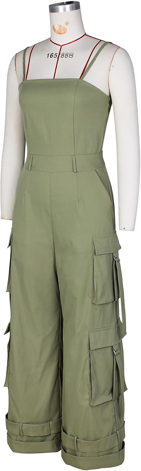 Womens Cargo Jumpsuit Sexy One Piece Outfit Wide Leg Romper Multi Pockets Overalls