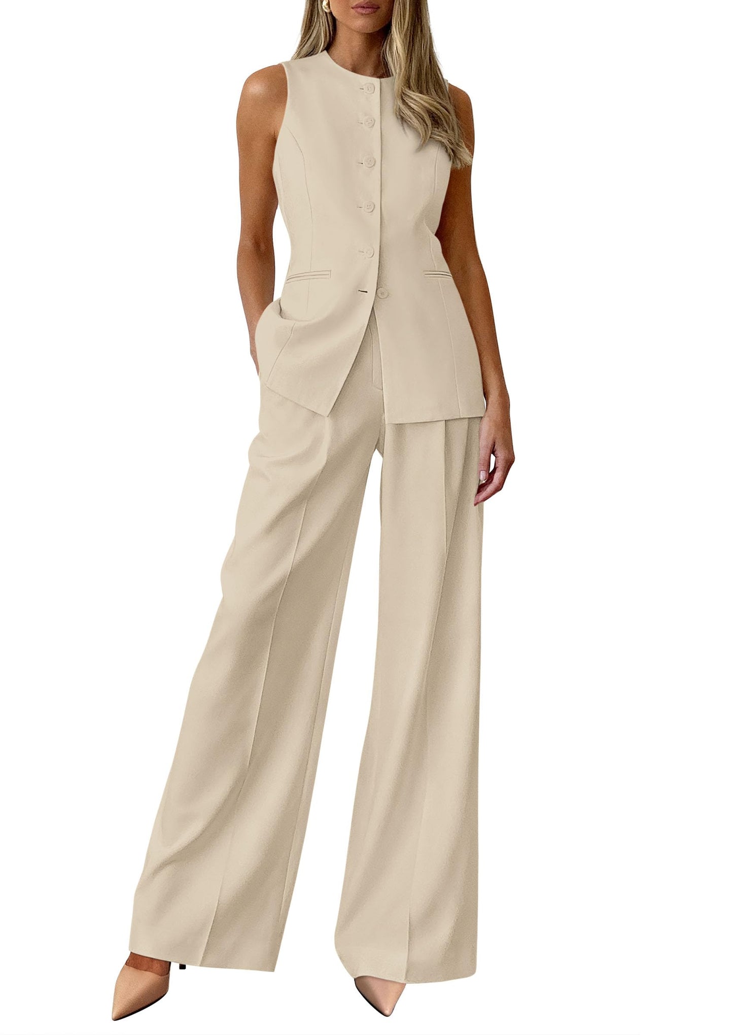 PRETTYGARDEN Women's 2 Piece Sets Business Casual Outfits | Sleeveless Vest Tops, Wide Leg Pants, Pantsuits with Pockets, Button-Front, Work Office Wear, Matching Sets Women Clothing