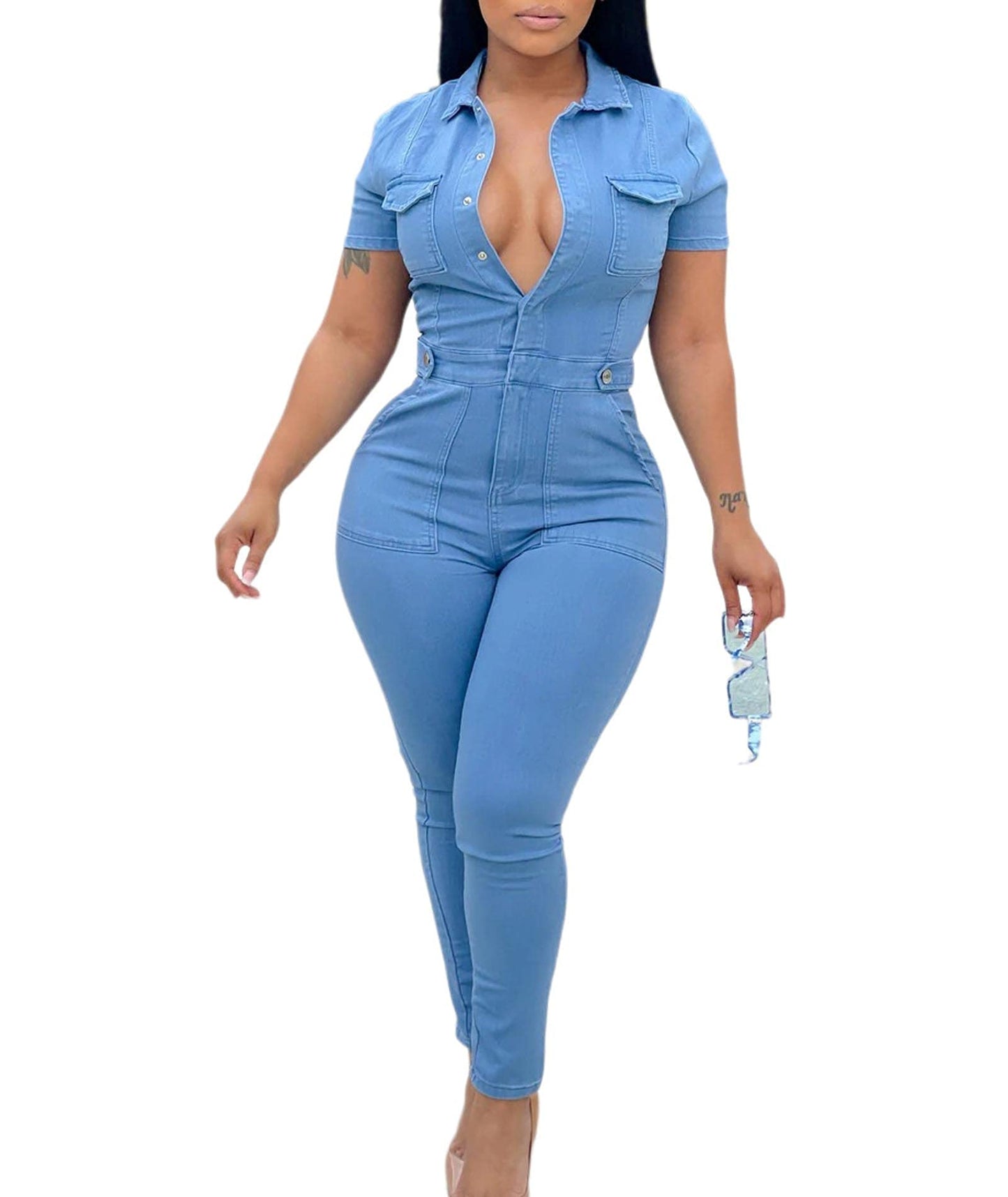 Sexyshine Women's Sexy Button Down Slim Fit Denim Long Jumpsuit Playsuit Lapel Full length Jeans Rompers Overalls