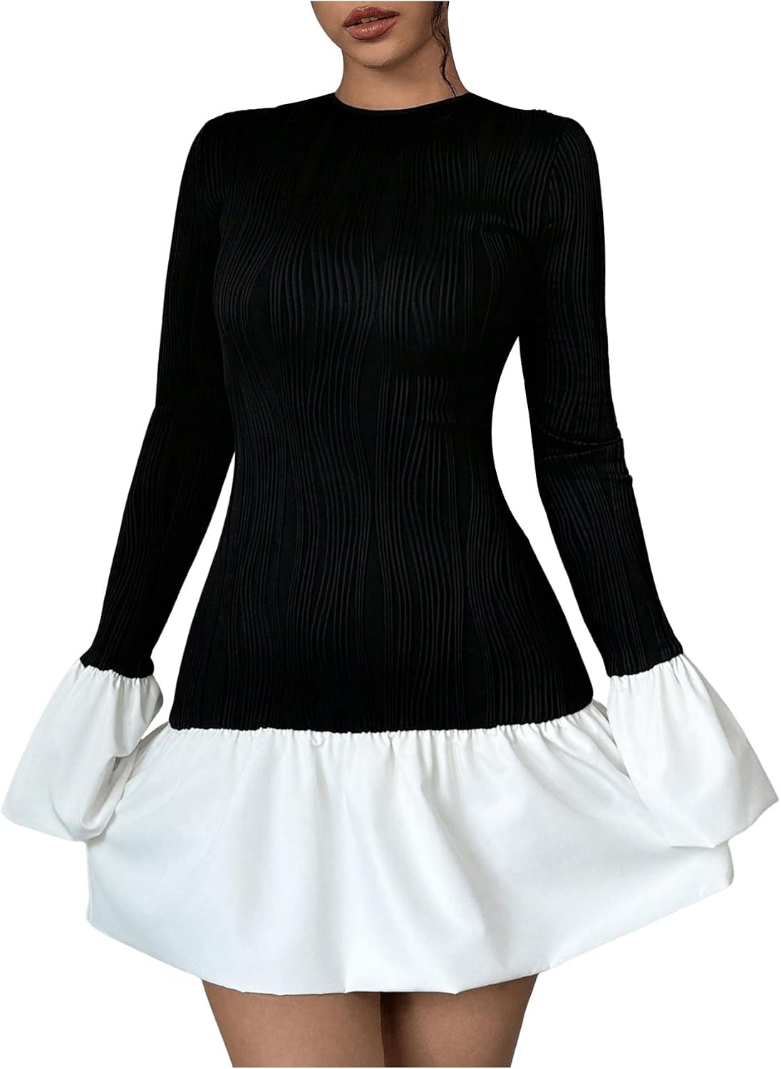 GORGLITTER Women's Long Sleeve Bubble Dress Fall Trendy Color Block Cocktail Birthday Dinner Going Out Mini Dresses