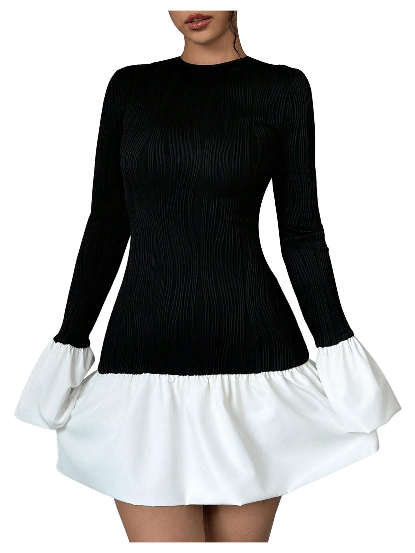 GORGLITTER Women's Long Sleeve Bubble Dress Fall Trendy Color Block Cocktail Birthday Dinner Going Out Mini Dresses