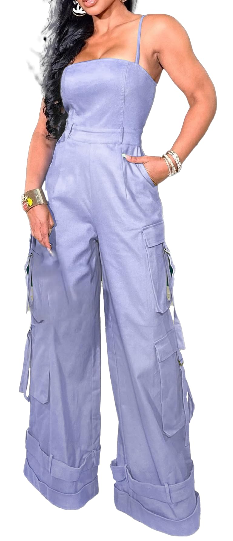 Womens Cargo Jumpsuit Sexy One Piece Outfit Wide Leg Romper Multi Pockets Overalls