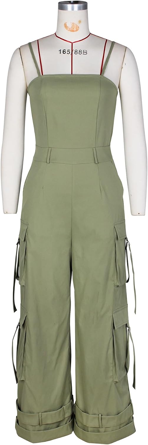 Womens Cargo Jumpsuit Sexy One Piece Outfit Wide Leg Romper Multi Pockets Overalls