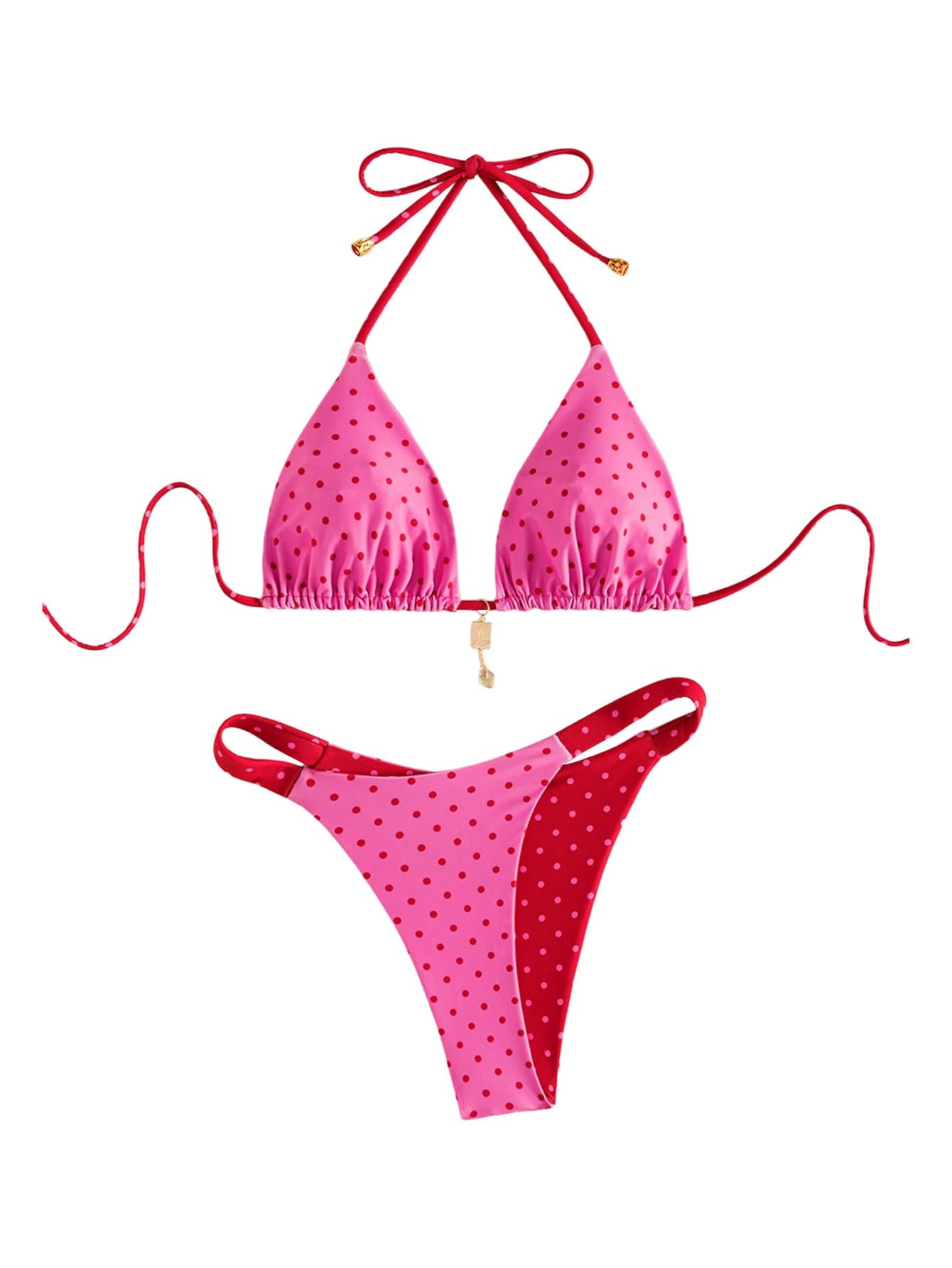 SOLY HUX Women's Polka Dots Bikini Set Halter Triangle Reversible Beachwear