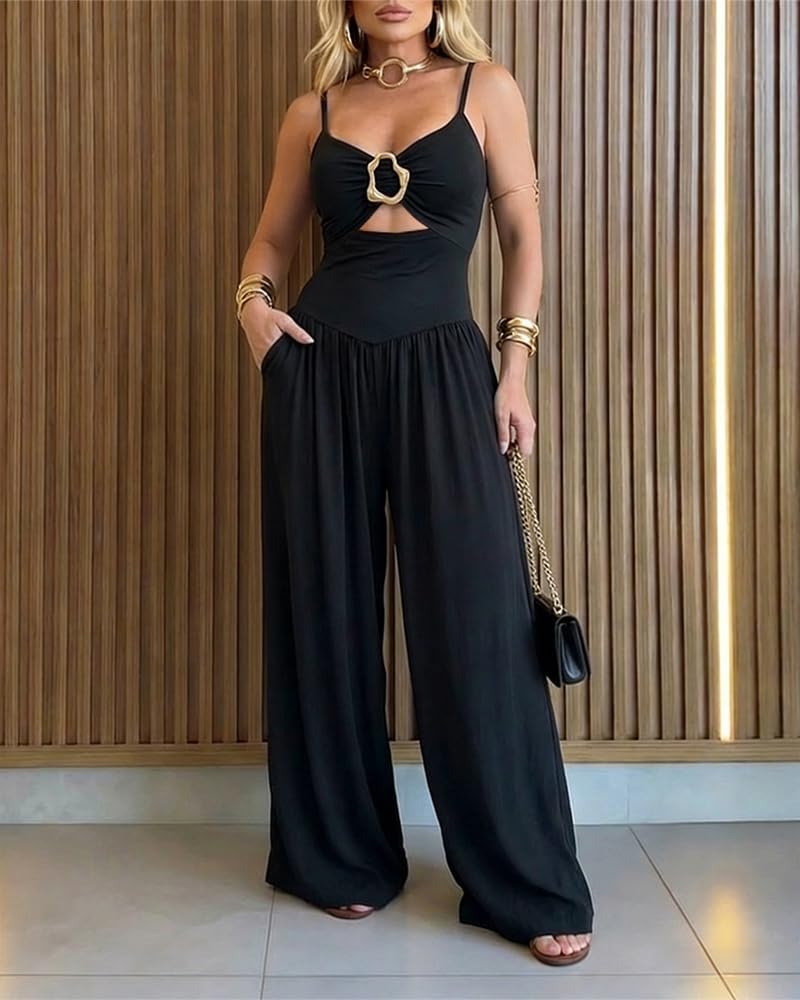 CHICME Women's Cutout Wide Leg Jumpsuit U-Neck Backless Summer Romper