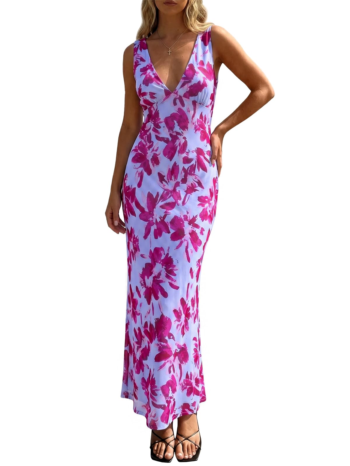 Wenrine Womens Summer Polka Dot Maxi Dress Mesh V Neck Wedding Guest Dress