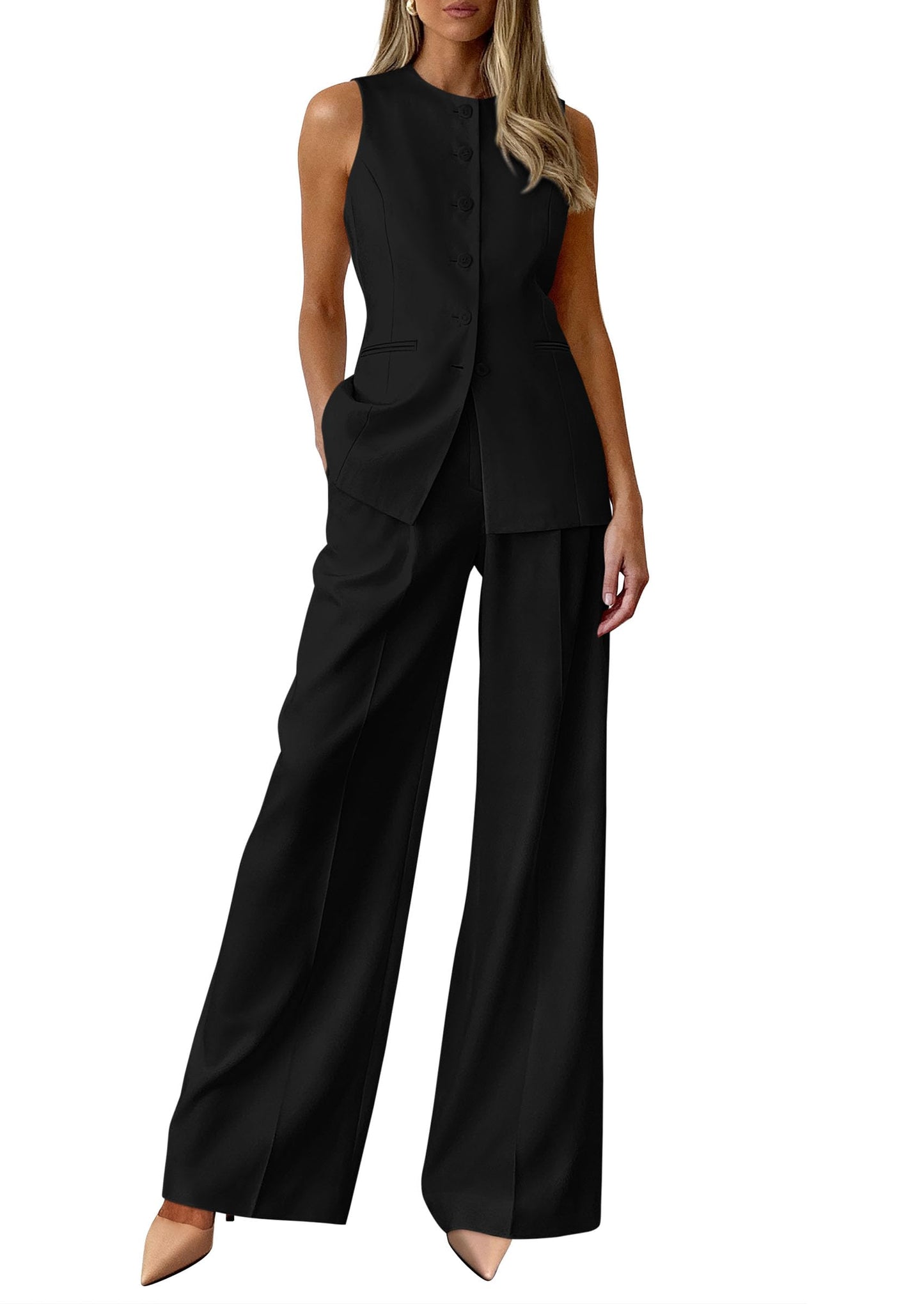 PRETTYGARDEN Women's 2 Piece Sets Business Casual Outfits | Sleeveless Vest Tops, Wide Leg Pants, Pantsuits with Pockets, Button-Front, Work Office Wear, Matching Sets Women Clothing
