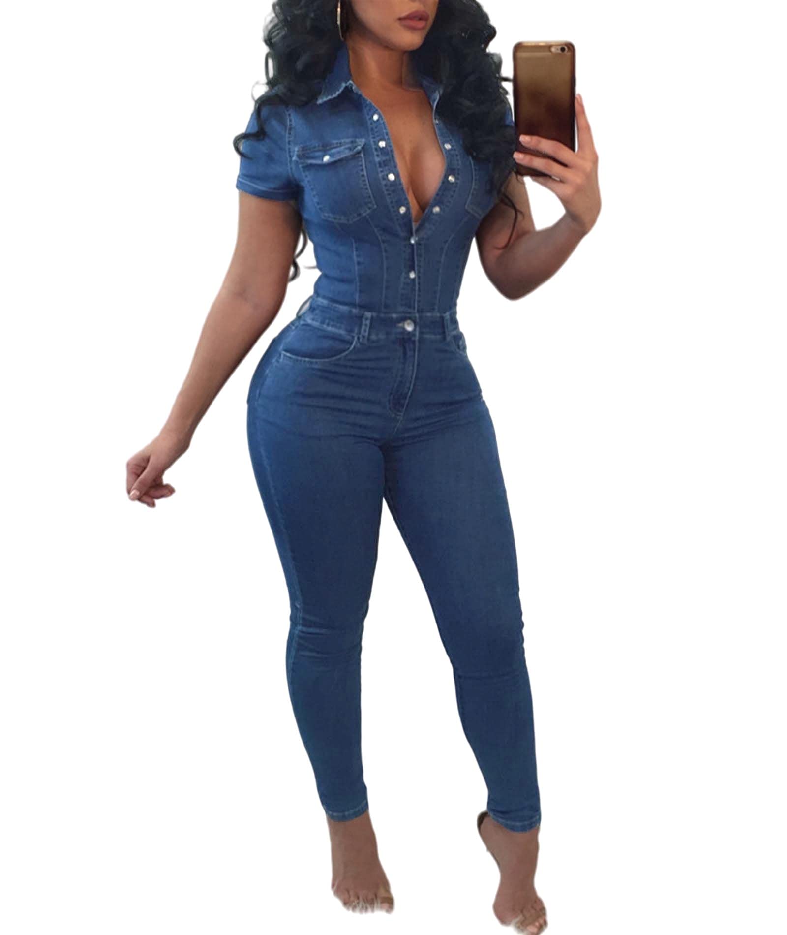 Sexyshine Women's Sexy Button Down Slim Fit Denim Long Jumpsuit Playsuit Lapel Full length Jeans Rompers Overalls