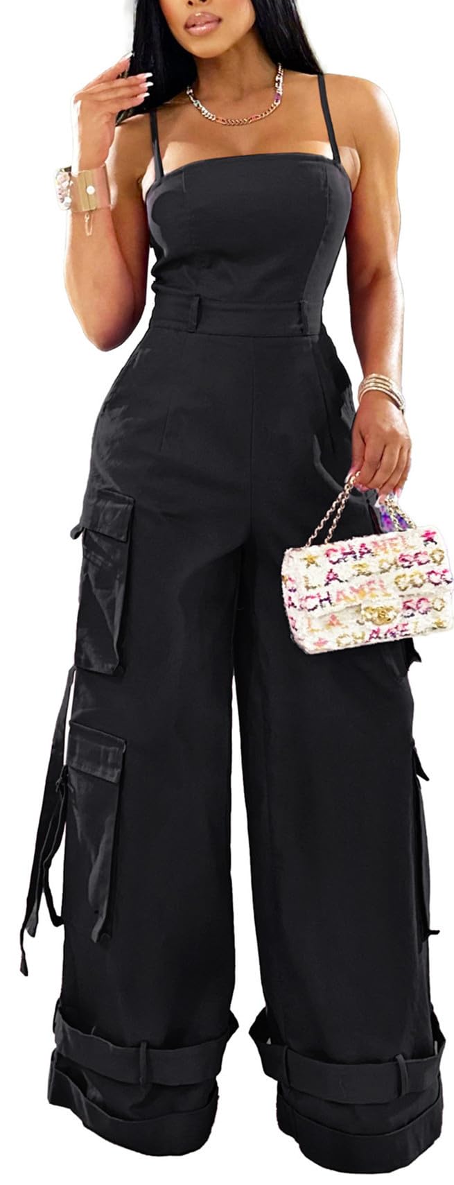 Womens Cargo Jumpsuit Sexy One Piece Outfit Wide Leg Romper Multi Pockets Overalls