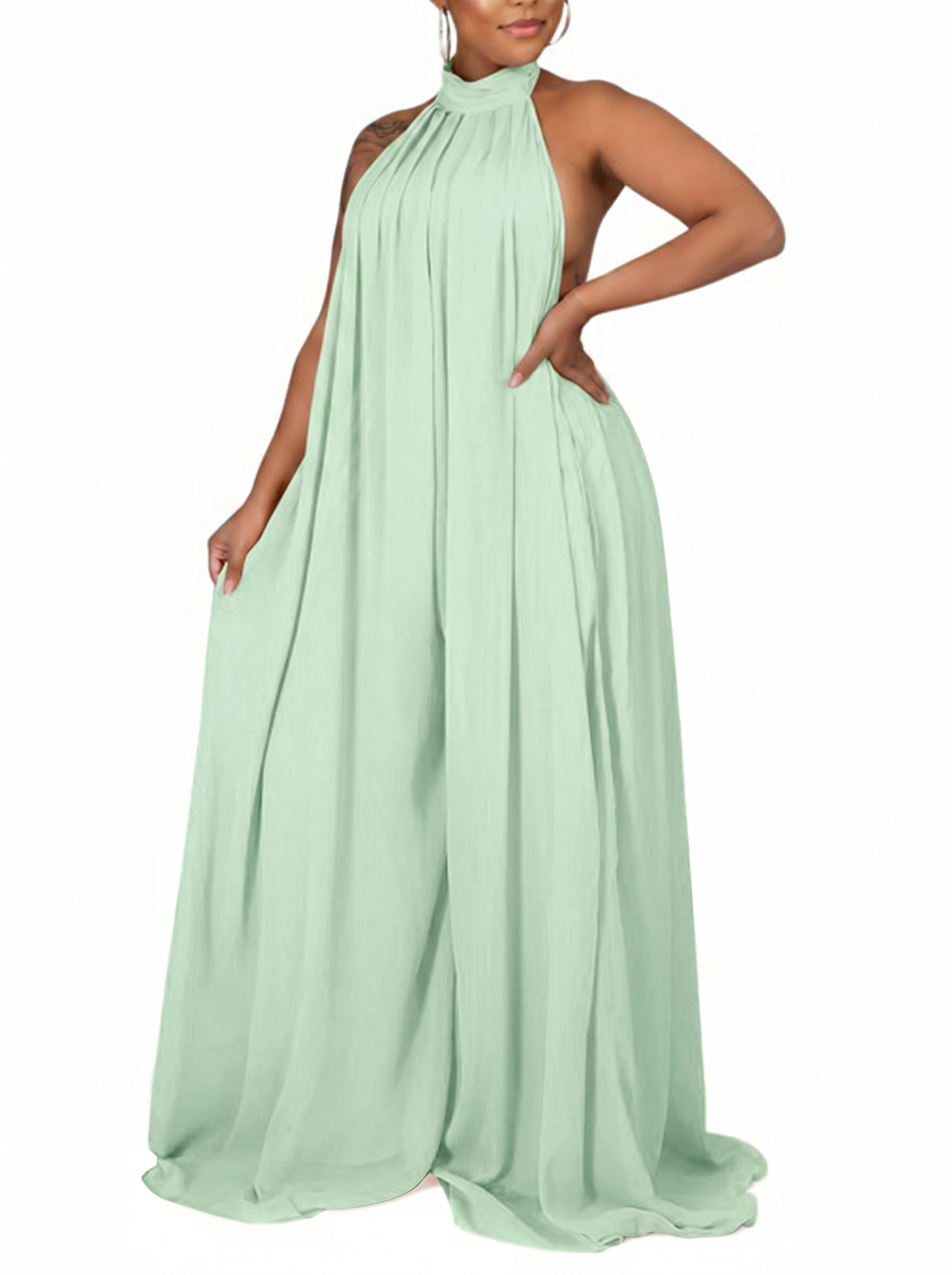Ekaliy Summer Jumpsuit for Women Dressy Chiffon Halter Neck Jumpsuits
