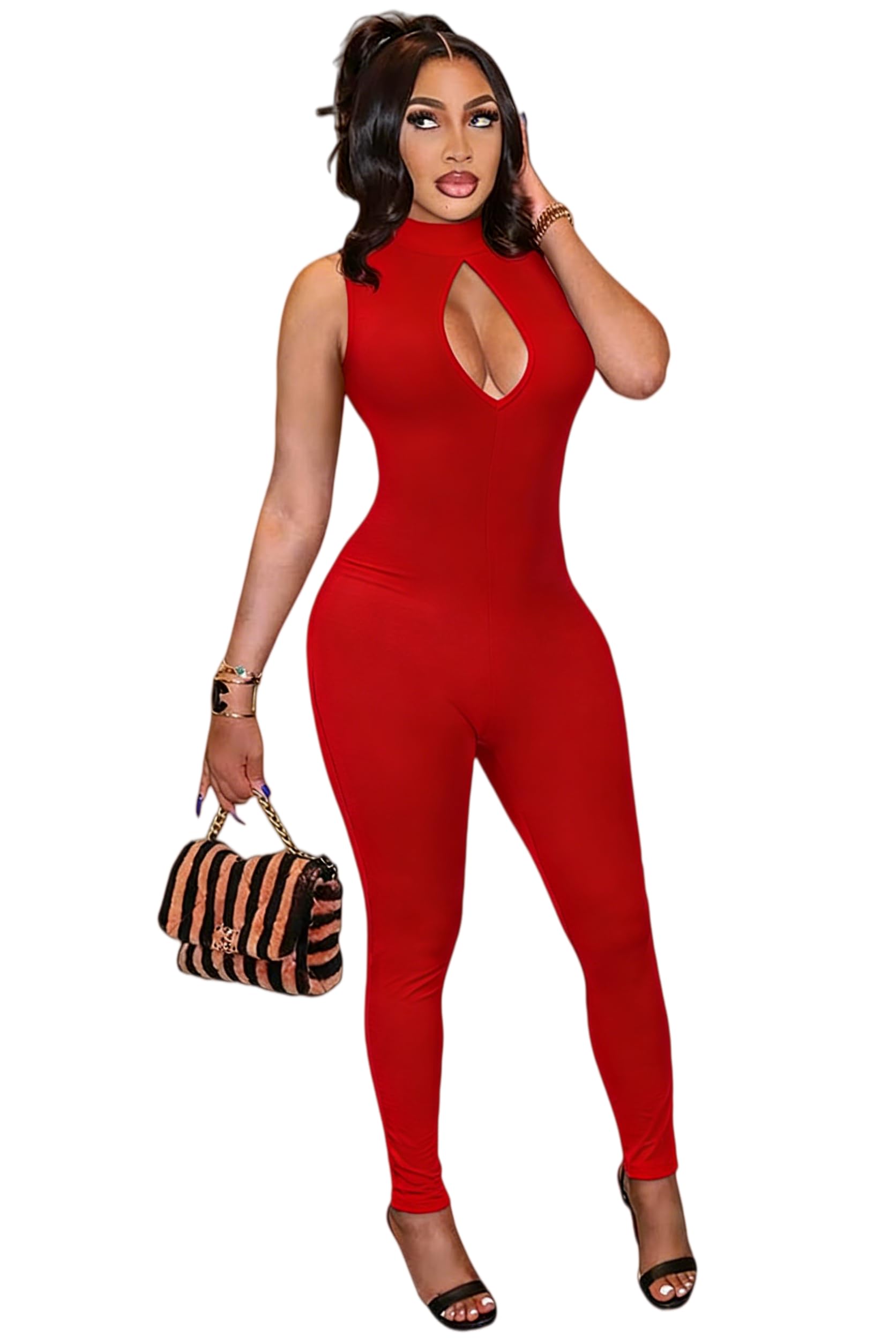 Hafailia Women's Cut out Bodycon Jumpsuit Sleeveless Mock Neck Catsuit