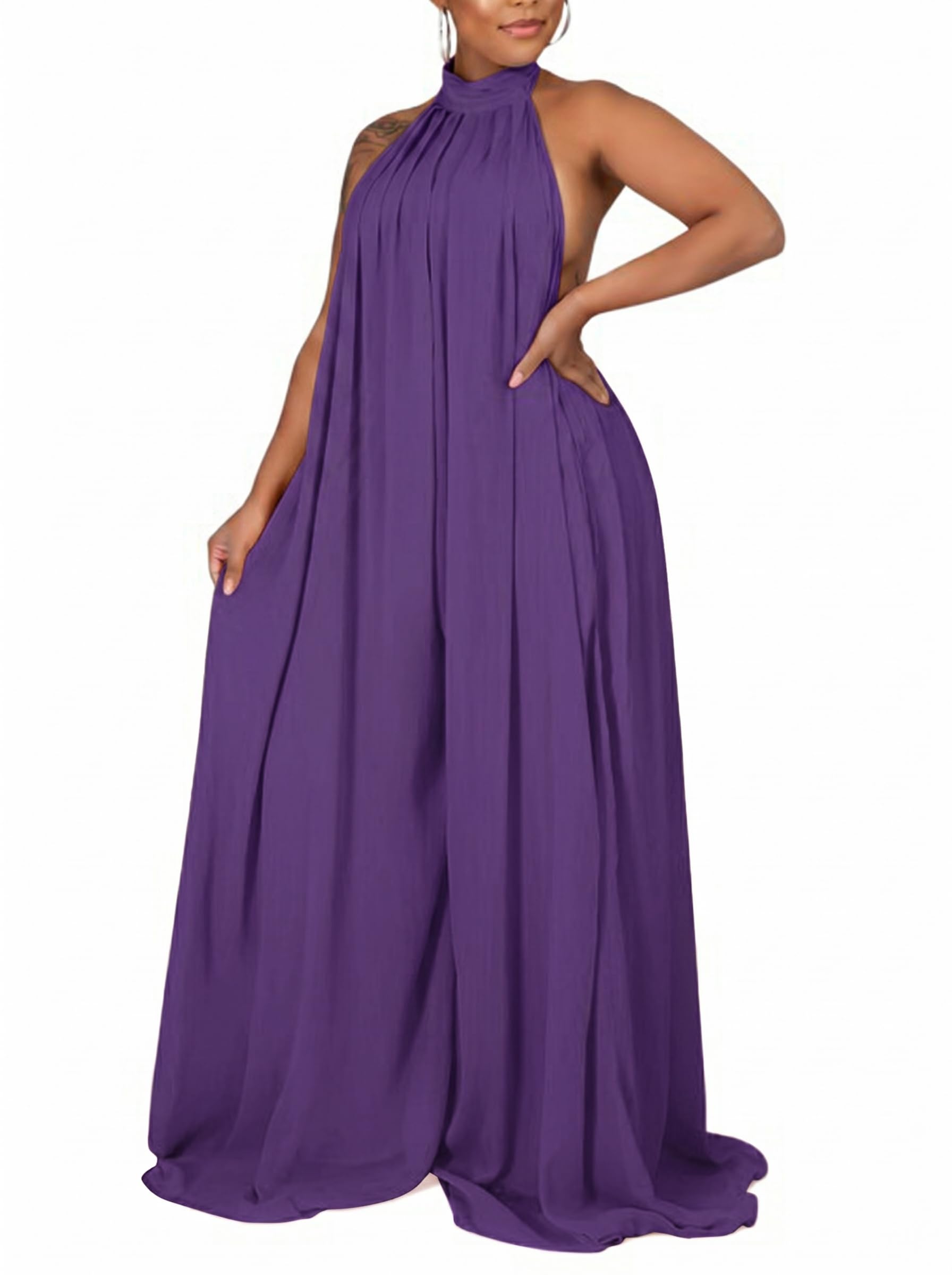 Ekaliy Summer Jumpsuit for Women Dressy Chiffon Halter Neck Jumpsuits