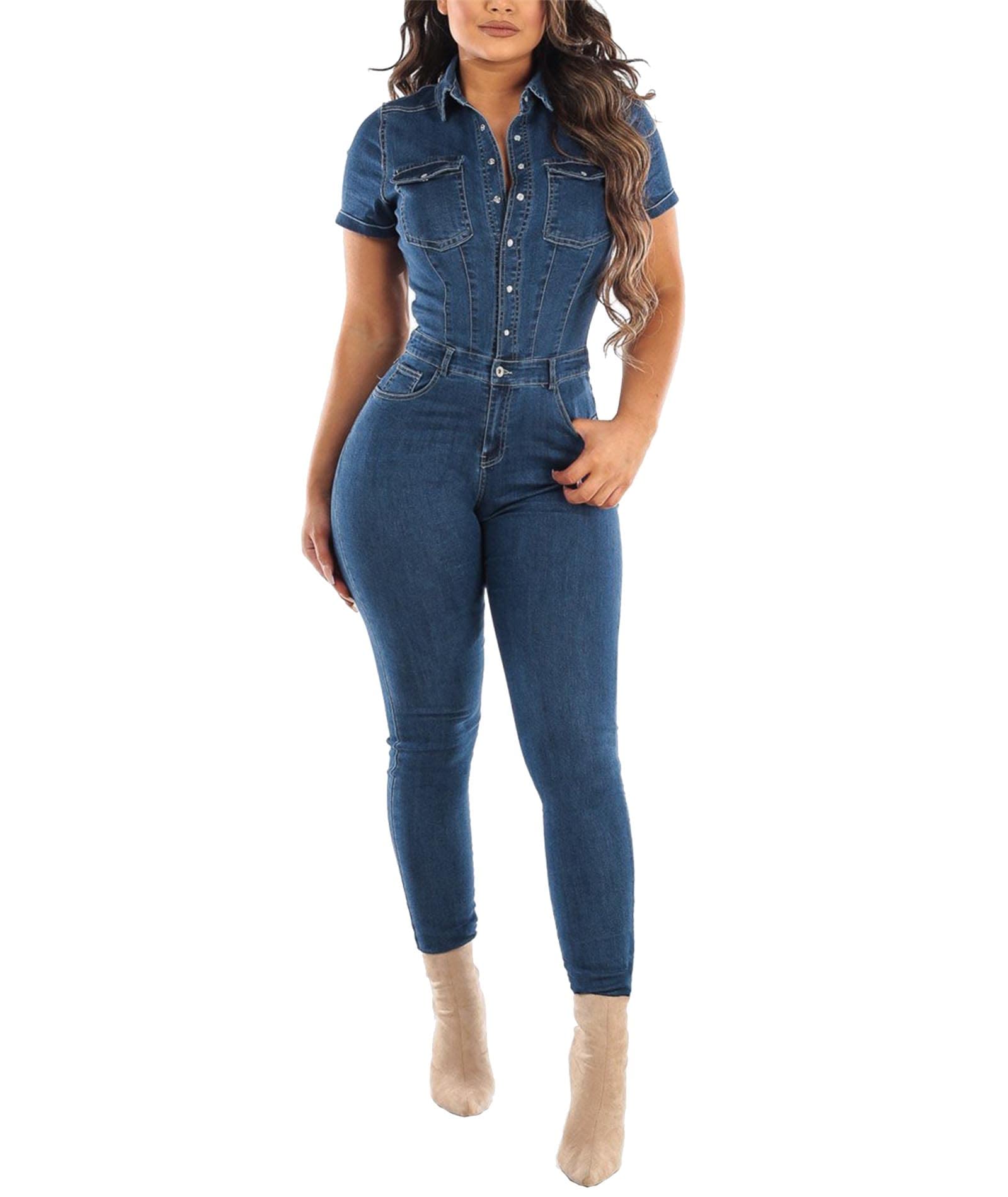 Sexyshine Women's Sexy Button Down Slim Fit Denim Long Jumpsuit Playsuit Lapel Full length Jeans Rompers Overalls