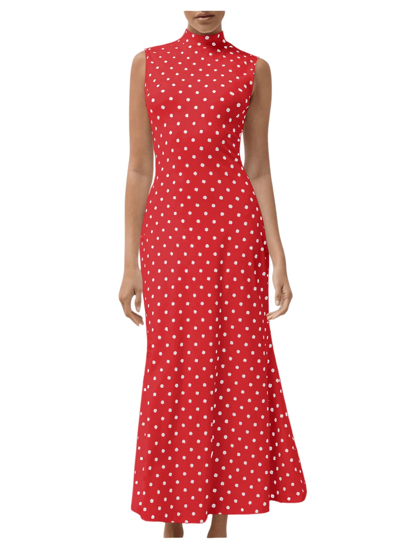 Milumia Women's Polka Dots Maxi Tank Dress Vintage Mock Neck Long Dresses