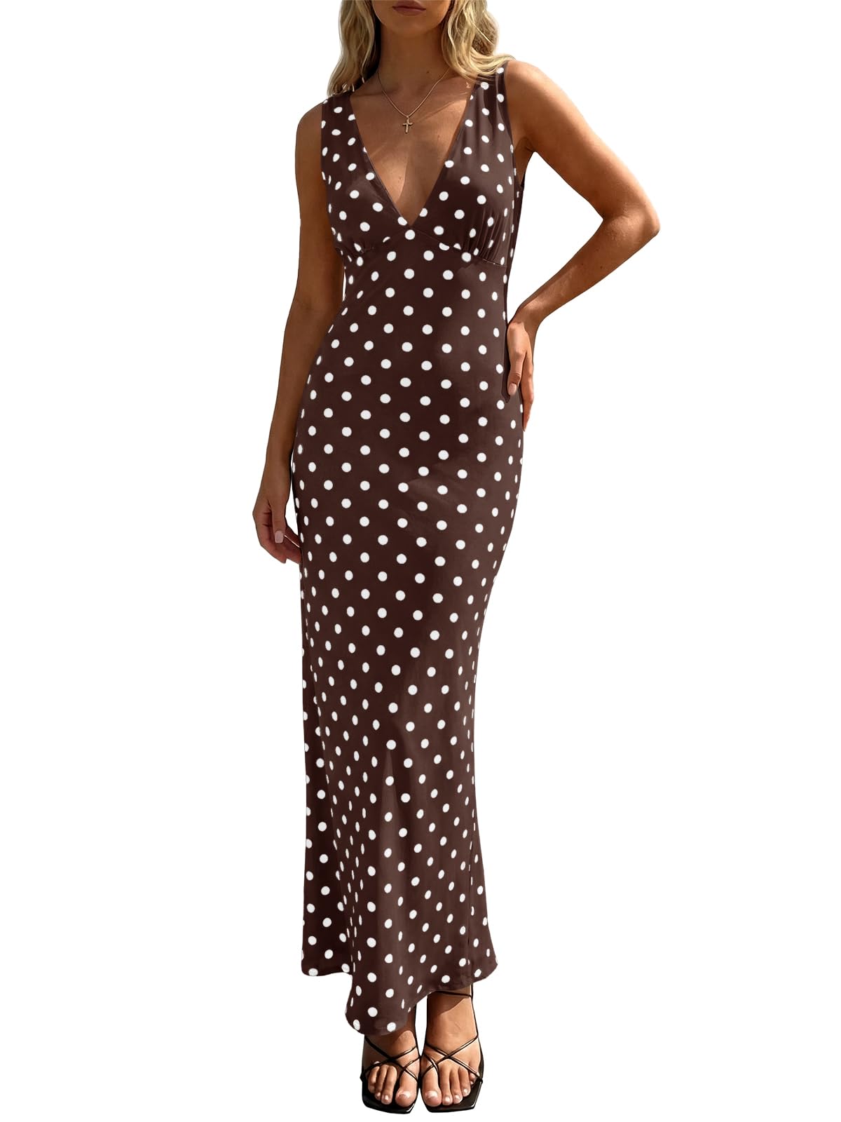 Wenrine Womens Summer Polka Dot Maxi Dress Mesh V Neck Wedding Guest Dress