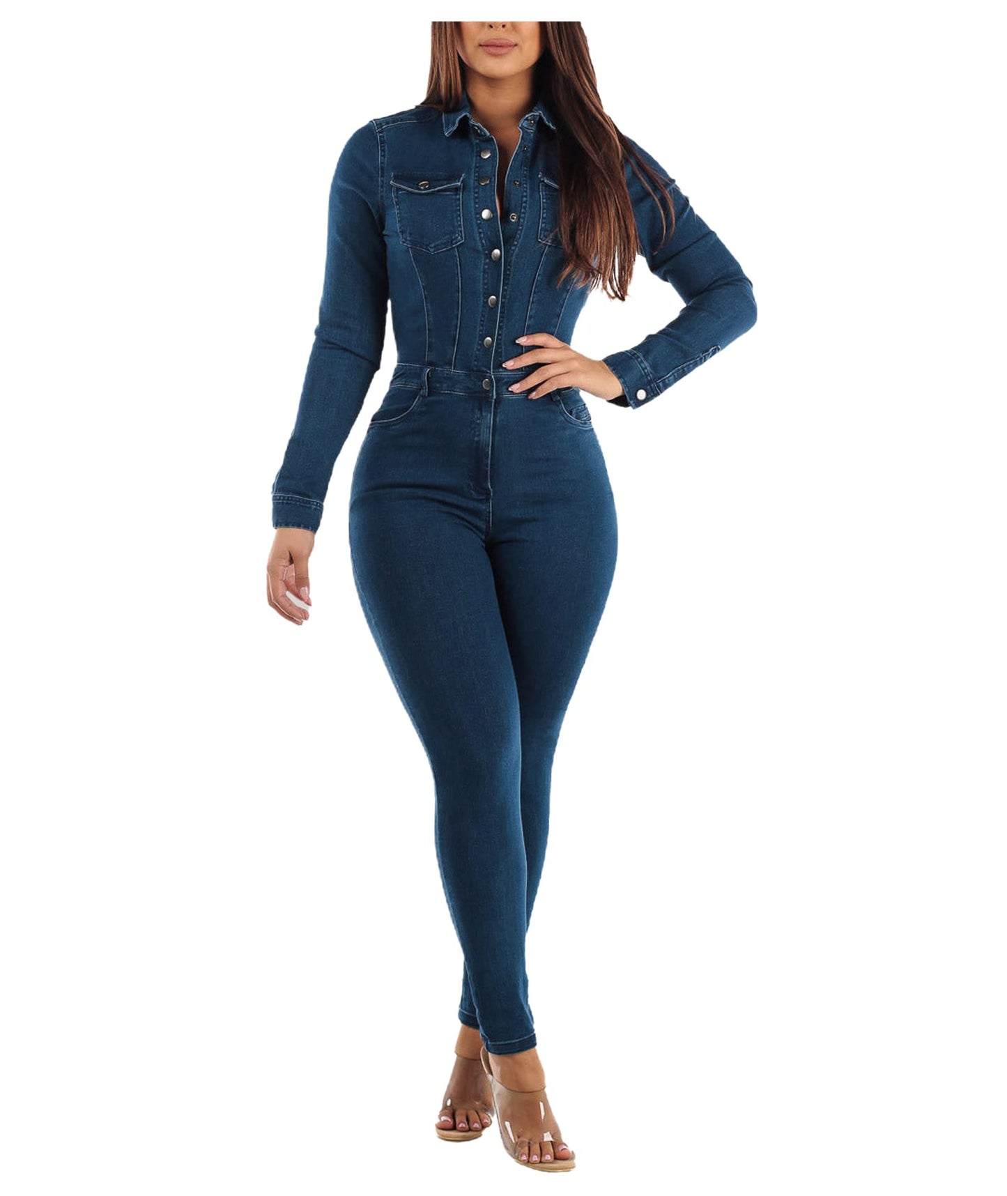 Sexyshine Women's Sexy Button Down Slim Fit Denim Long Jumpsuit Playsuit Lapel Full length Jeans Rompers Overalls