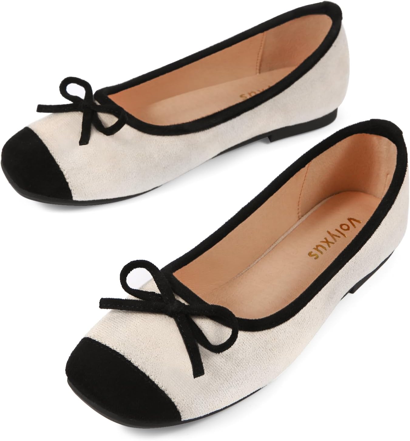 Women's Ballet Flats Cap Toe Bow Flats Two Tone Slip On Flats Comfort Square Toe Dressy Flat Shoes for Casual Work