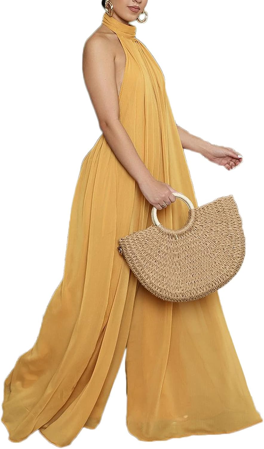 Ekaliy Summer Jumpsuit for Women Dressy Chiffon Halter Neck Jumpsuits