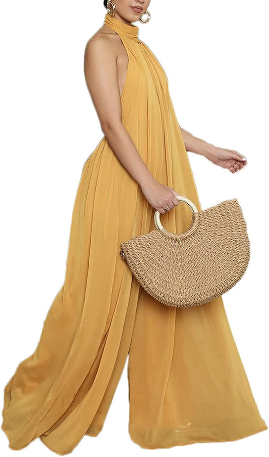 Ekaliy Summer Jumpsuit for Women Dressy Chiffon Halter Neck Jumpsuits