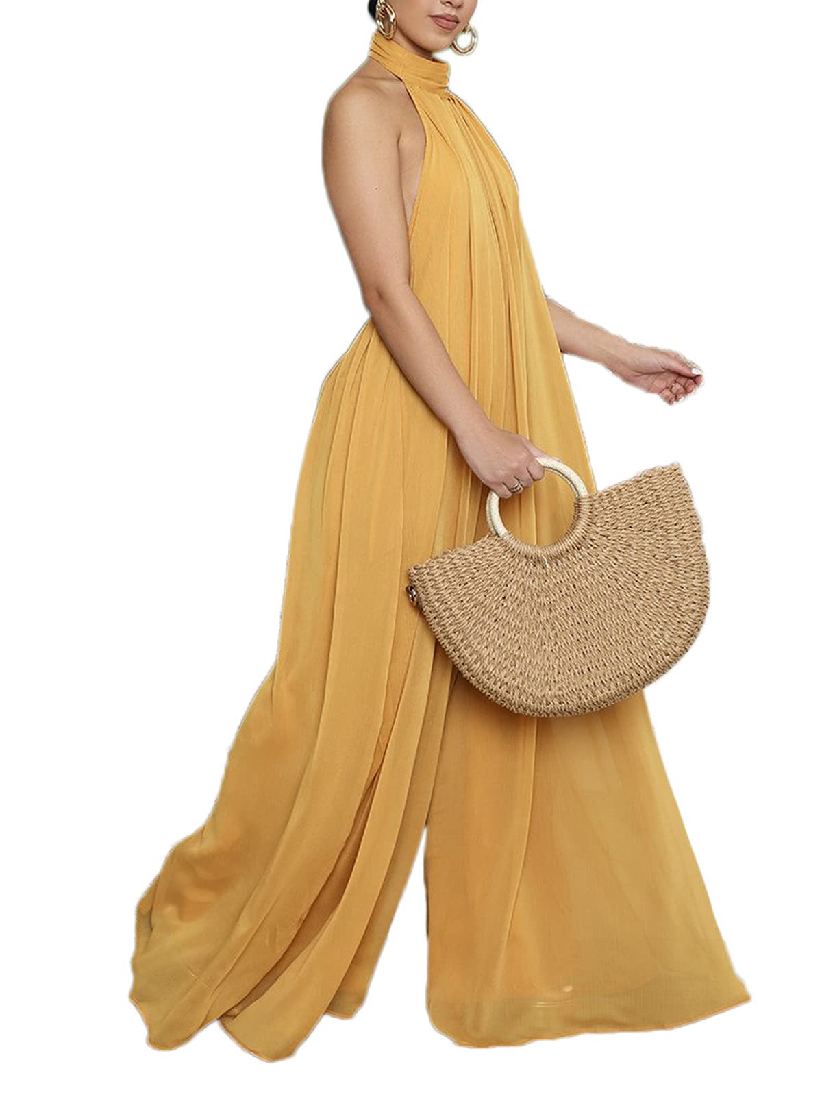 Ekaliy Summer Jumpsuit for Women Dressy Chiffon Halter Neck Jumpsuits