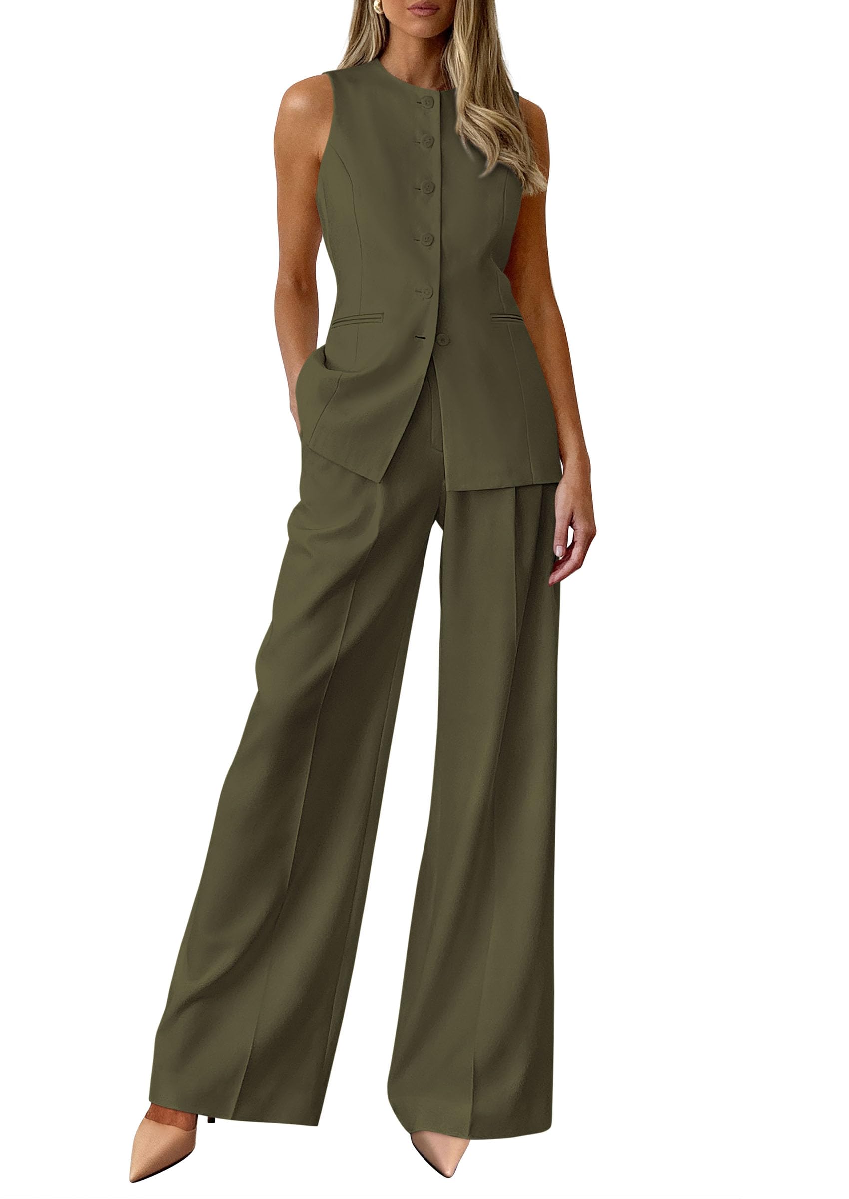 PRETTYGARDEN Women's 2 Piece Sets Business Casual Outfits | Sleeveless Vest Tops, Wide Leg Pants, Pantsuits with Pockets, Button-Front, Work Office Wear, Matching Sets Women Clothing