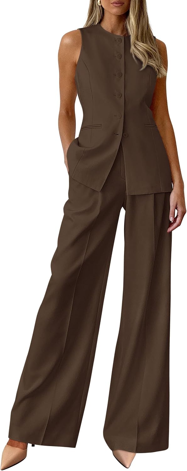 PRETTYGARDEN Women's 2 Piece Sets Business Casual Outfits | Sleeveless Vest Tops, Wide Leg Pants, Pantsuits with Pockets, Button-Front, Work Office Wear, Matching Sets Women Clothing