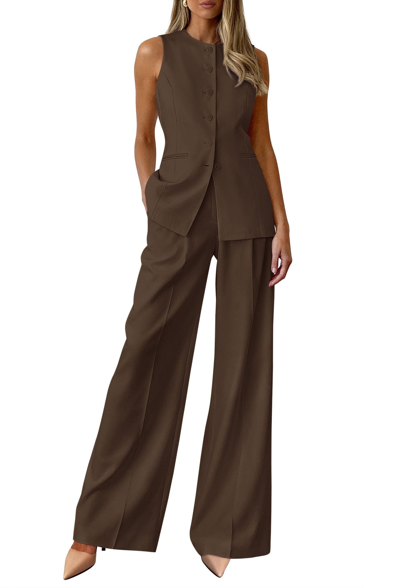 PRETTYGARDEN Women's 2 Piece Sets Business Casual Outfits | Sleeveless Vest Tops, Wide Leg Pants, Pantsuits with Pockets, Button-Front, Work Office Wear, Matching Sets Women Clothing
