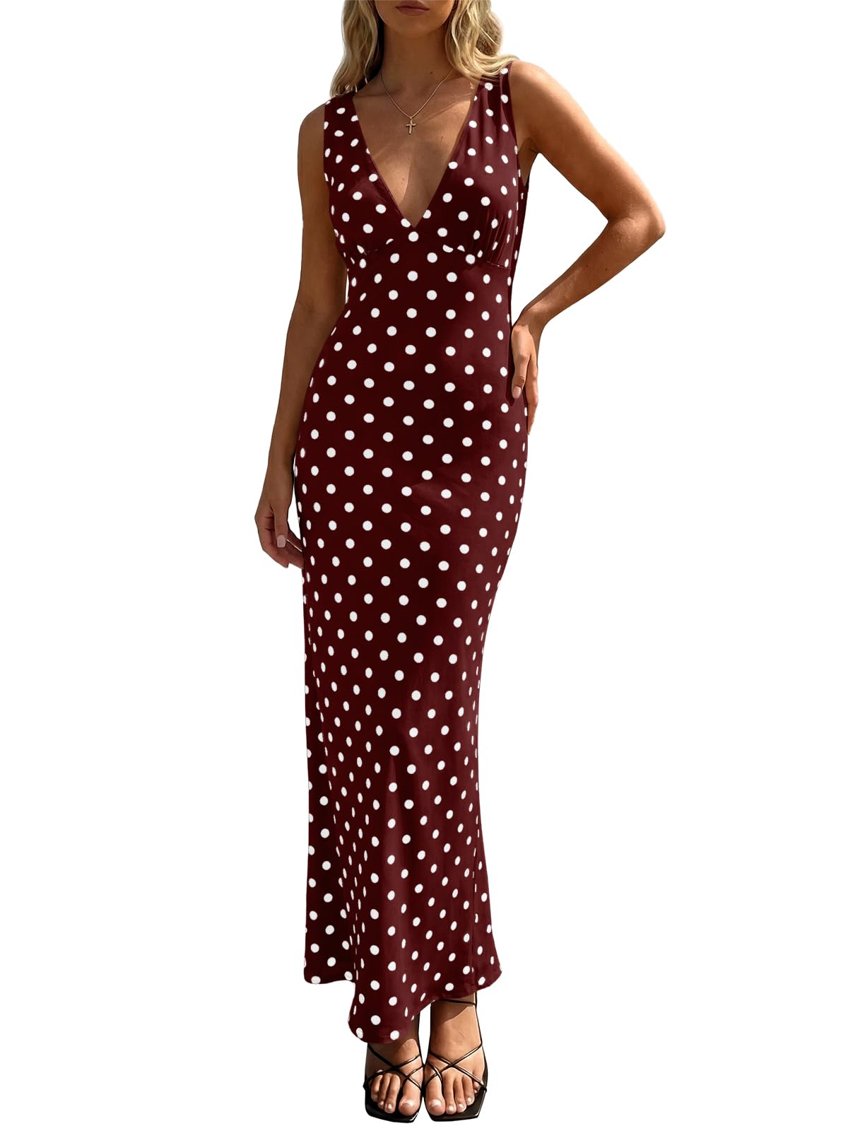 Wenrine Womens Summer Polka Dot Maxi Dress Mesh V Neck Wedding Guest Dress