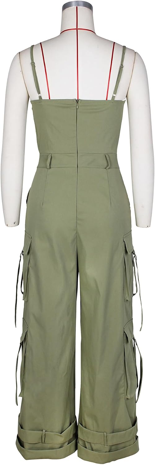 Womens Cargo Jumpsuit Sexy One Piece Outfit Wide Leg Romper Multi Pockets Overalls