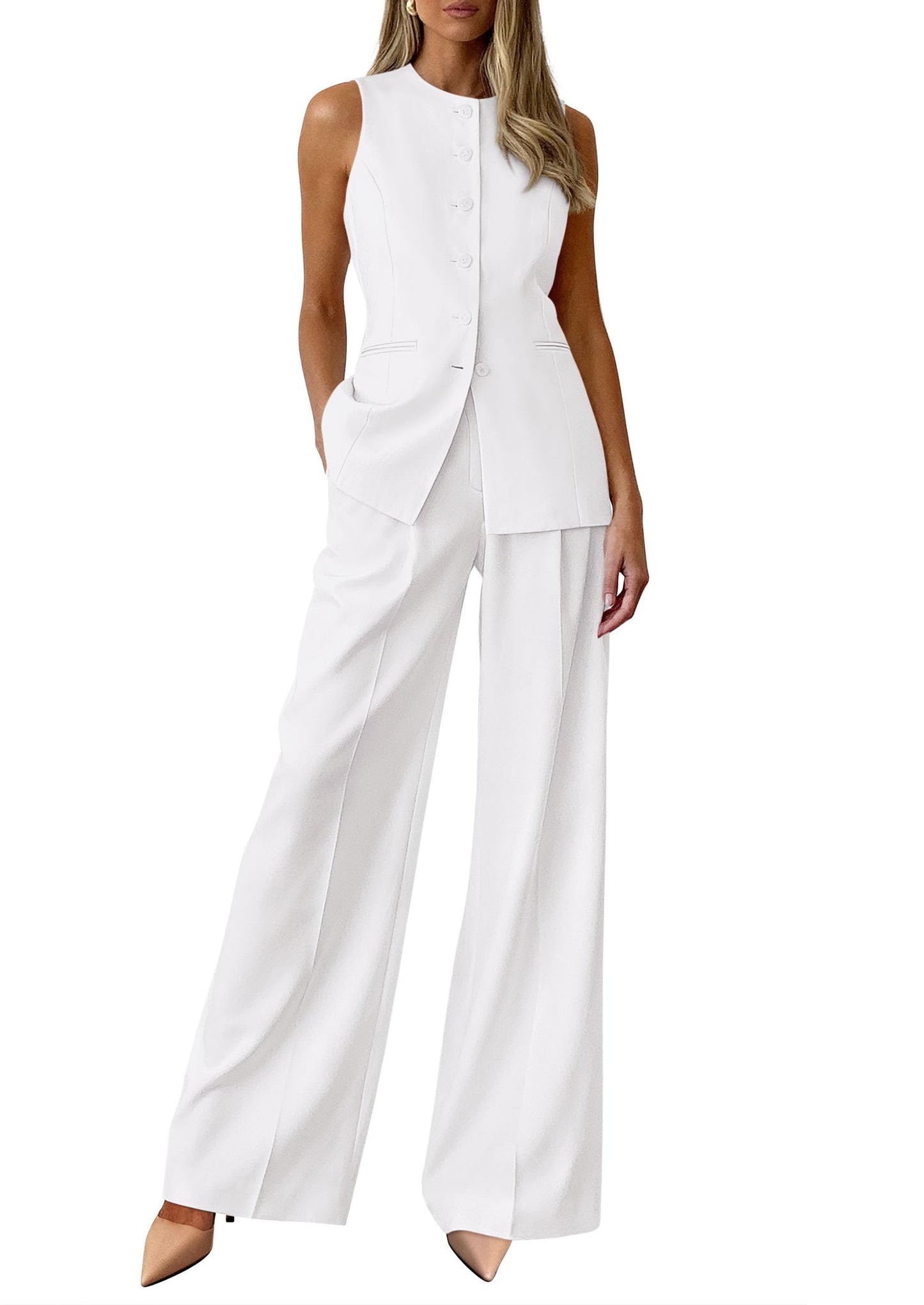 PRETTYGARDEN Women's 2 Piece Sets Business Casual Outfits | Sleeveless Vest Tops, Wide Leg Pants, Pantsuits with Pockets, Button-Front, Work Office Wear, Matching Sets Women Clothing