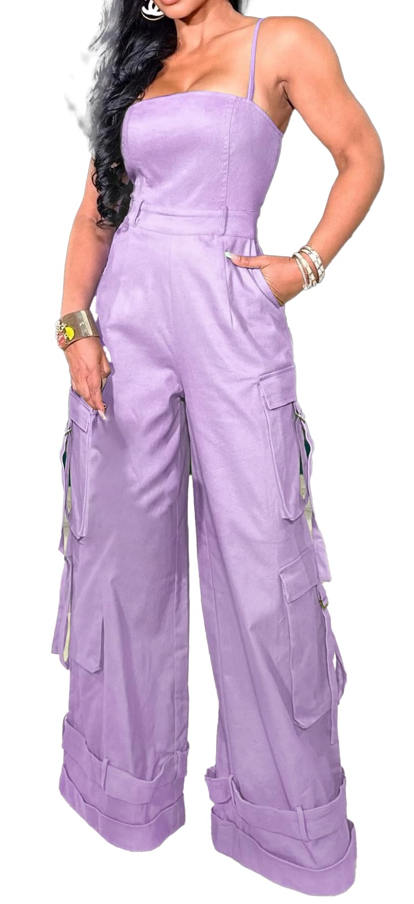 Womens Cargo Jumpsuit Sexy One Piece Outfit Wide Leg Romper Multi Pockets Overalls