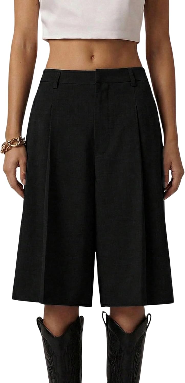 Milumia Women's Dressy Casual Wide Leg Bermuda Shorts Pleated Dress Shorts