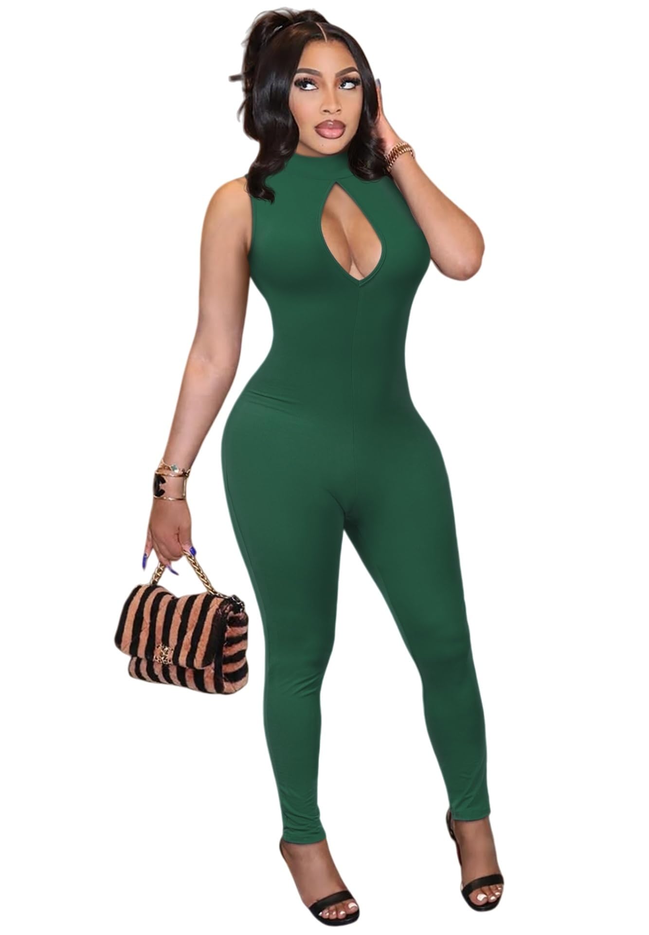 Hafailia Women's Cut out Bodycon Jumpsuit Sleeveless Mock Neck Catsuit