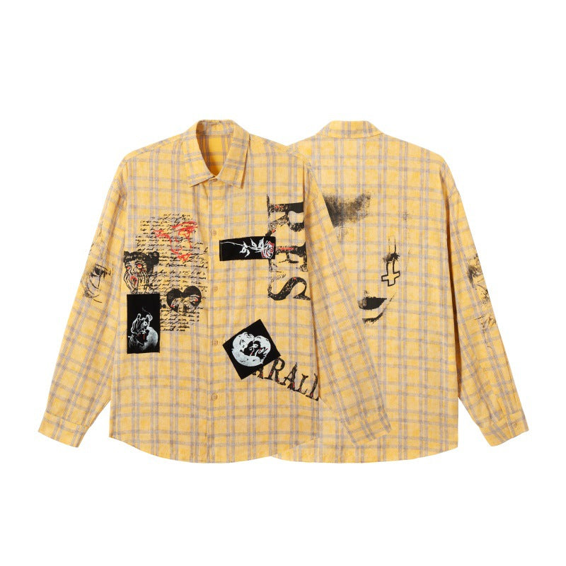 Spray painted graffiti checkered long sleeved shirt for men and women loose fitting shirt